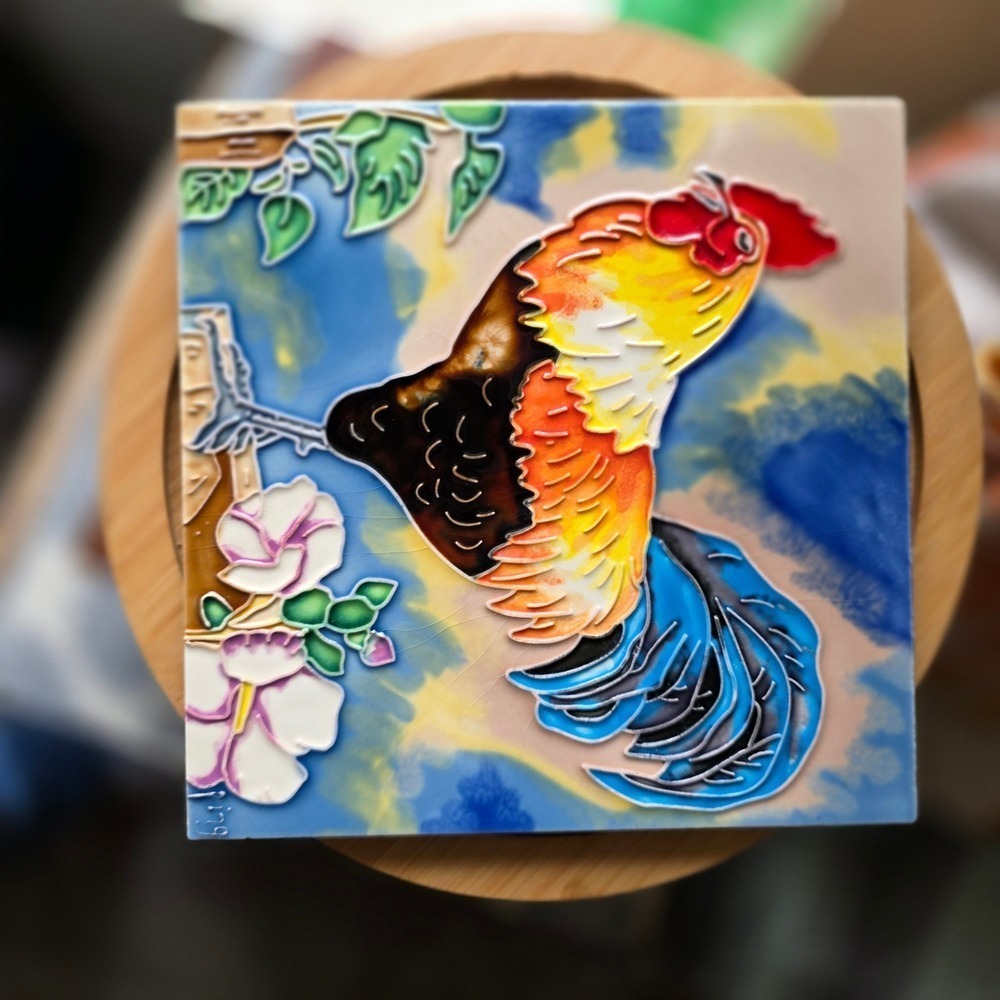 Benaya Art Decor Ping Signed Rooster Ceramic Art Tile 8x8 Raised Tube Lined - Picture 16 of 16